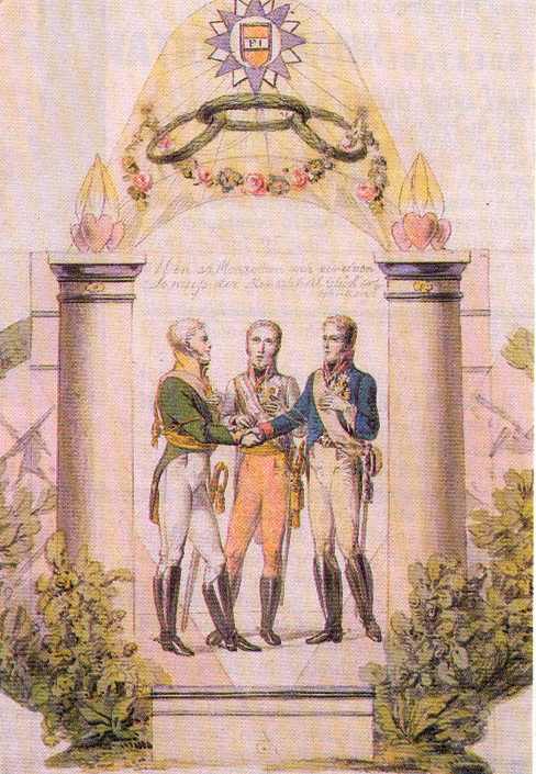 Alessandro I di Russia, Francesco I d' Austria, Federico Guglielmo III di Prussia stringono il patto della Santa Alleanza